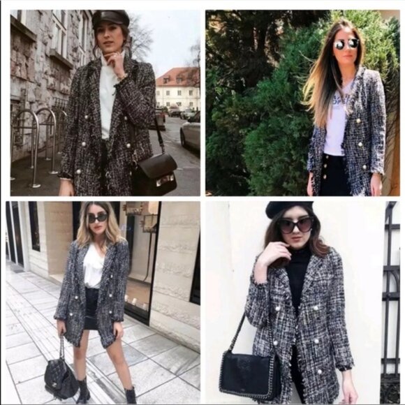 New Zara Tweed Coat Pearl Buttons Frayed CoCo Chanel Style - Picture 13 of 14